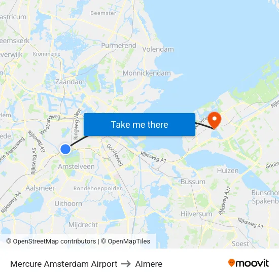 Mercure Amsterdam Airport to Almere map