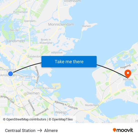 Centraal Station to Almere map