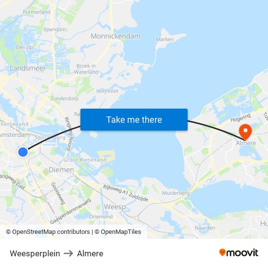 Weesperplein to Almere map