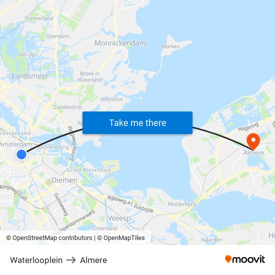 Waterlooplein to Almere map