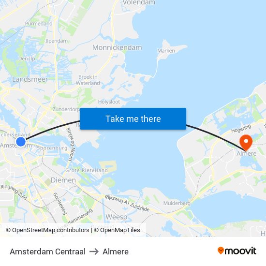 Amsterdam Centraal to Almere map