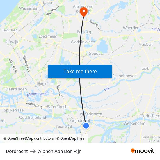 Dordrecht to Alphen Aan Den Rijn map