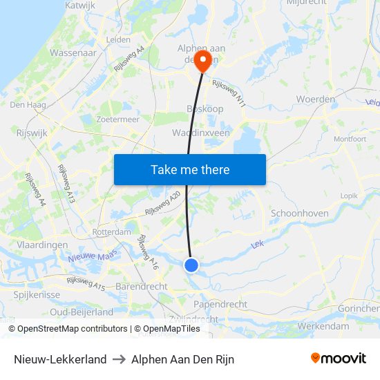 Nieuw-Lekkerland to Alphen Aan Den Rijn map