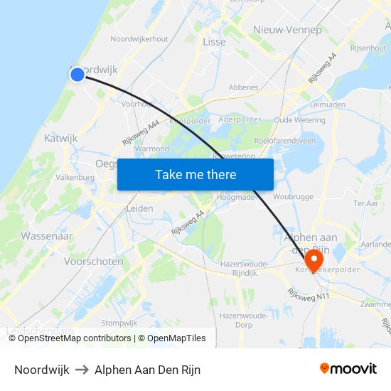 Noordwijk to Alphen Aan Den Rijn map