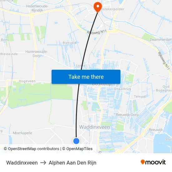 Waddinxveen to Alphen Aan Den Rijn map