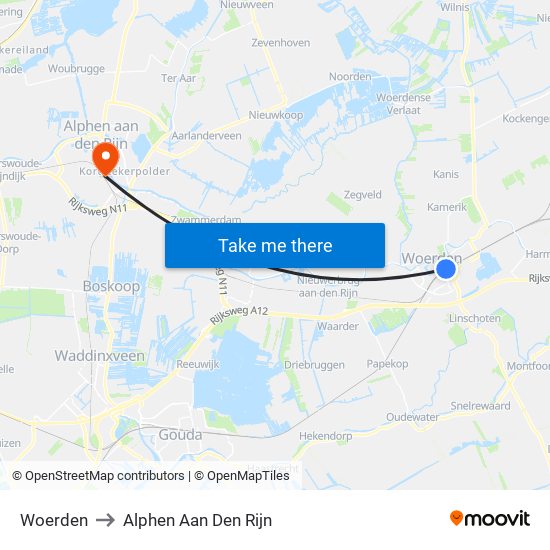 Woerden to Alphen Aan Den Rijn map