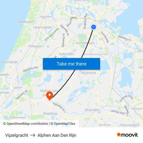 Vijzelgracht to Alphen Aan Den Rijn map