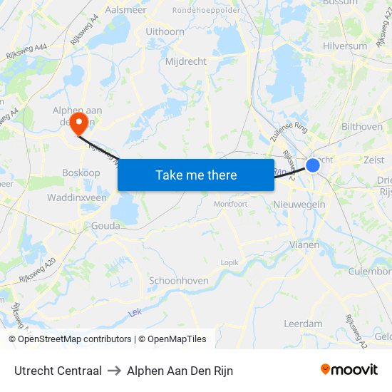 Utrecht Centraal to Alphen Aan Den Rijn map