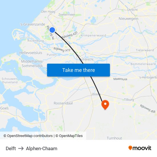 Delft to Alphen-Chaam map
