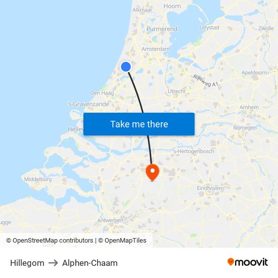 Hillegom to Alphen-Chaam map