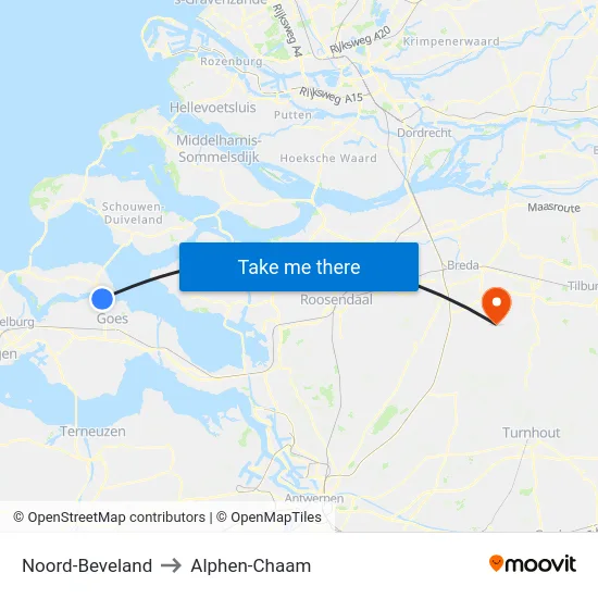 Noord-Beveland to Alphen-Chaam map