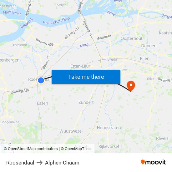 Roosendaal to Alphen-Chaam map