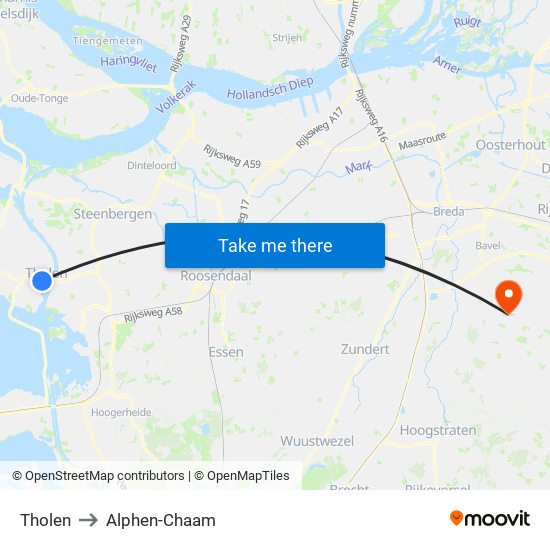 Tholen to Alphen-Chaam map