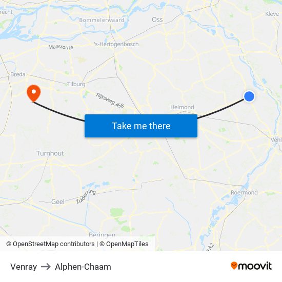 Venray to Alphen-Chaam map