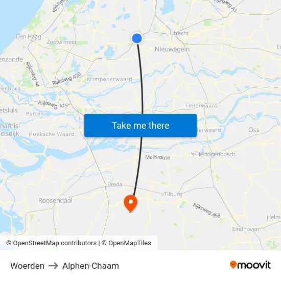 Woerden to Alphen-Chaam map