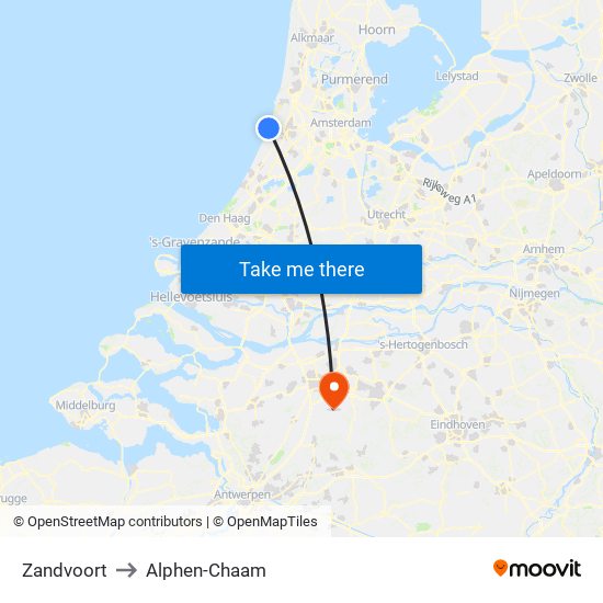 Zandvoort to Alphen-Chaam map