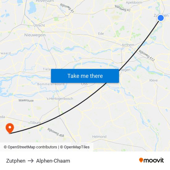 Zutphen to Alphen-Chaam map