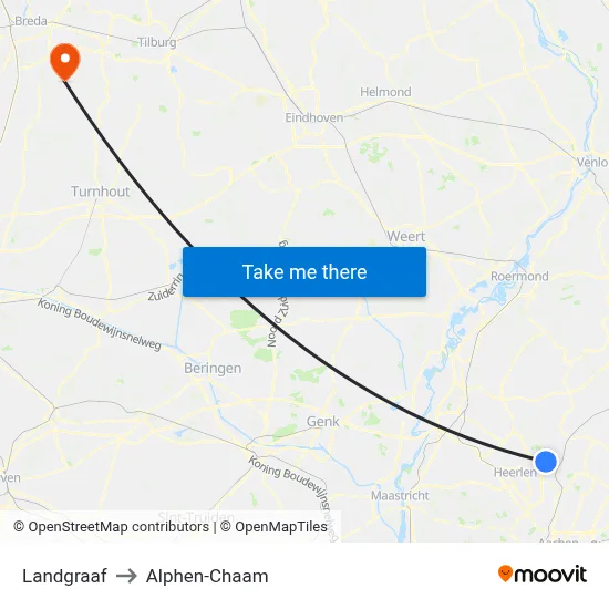 Landgraaf to Alphen-Chaam map