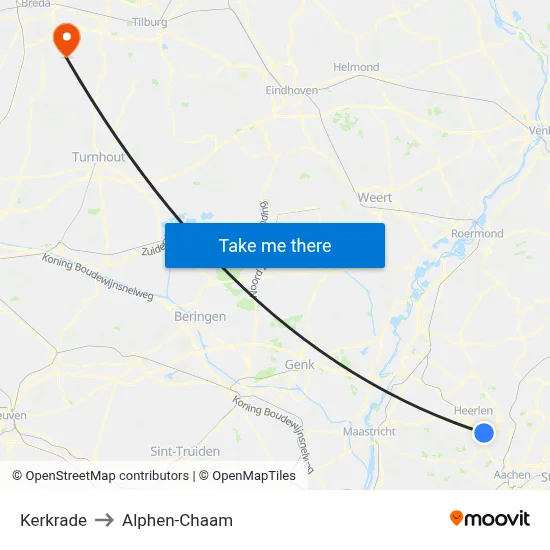 Kerkrade to Alphen-Chaam map