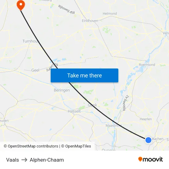 Vaals to Alphen-Chaam map
