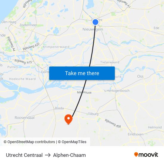 Utrecht Centraal to Alphen-Chaam map