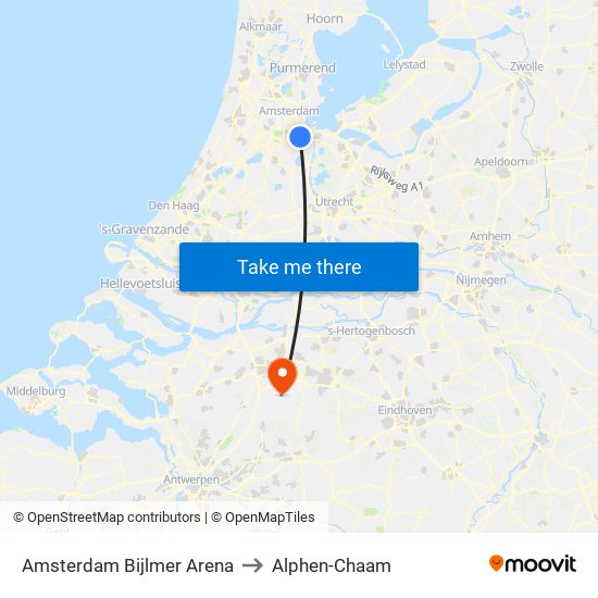 Amsterdam Bijlmer Arena to Alphen-Chaam map