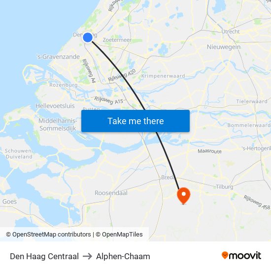 Den Haag Centraal to Alphen-Chaam map