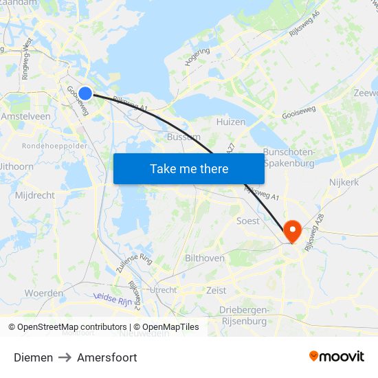 Diemen to Amersfoort map