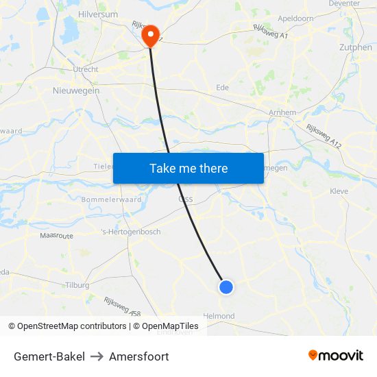 Gemert-Bakel to Amersfoort map