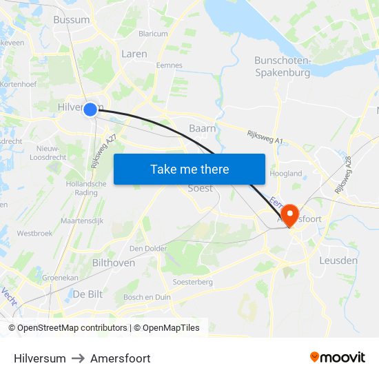 Hilversum to Amersfoort map