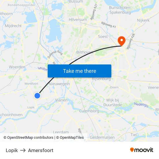 Lopik to Amersfoort map