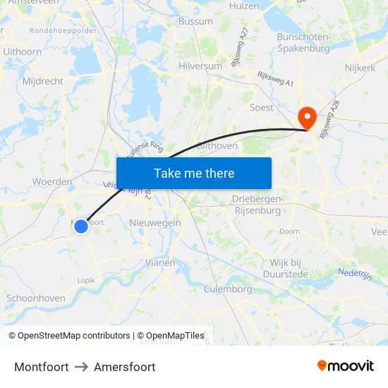 Montfoort to Amersfoort map