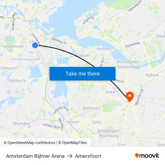 Amsterdam Bijlmer Arena to Amersfoort map