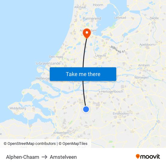 Alphen-Chaam to Amstelveen map