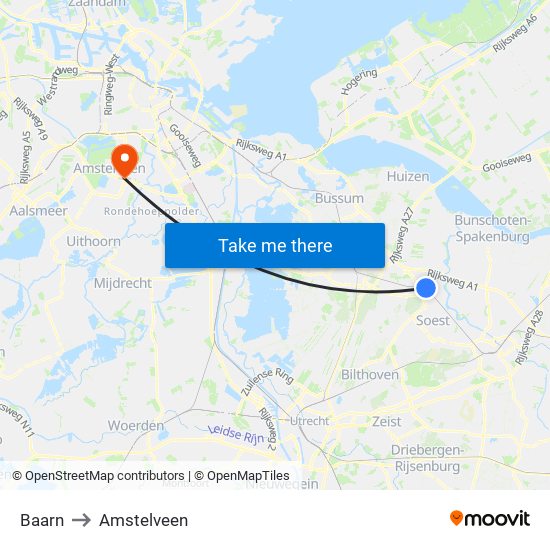 Baarn to Amstelveen map