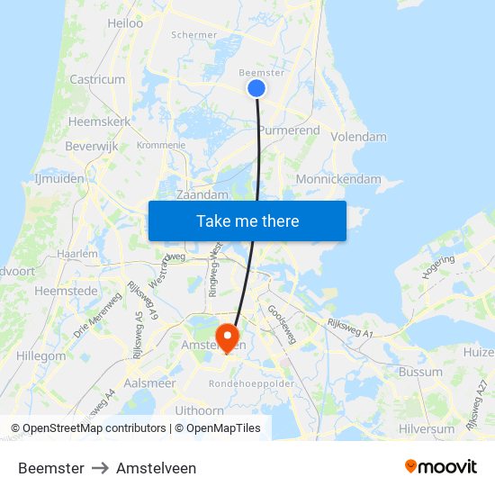 Beemster to Amstelveen map