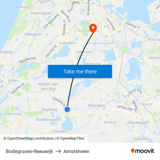 Bodegraven-Reeuwijk to Amstelveen map