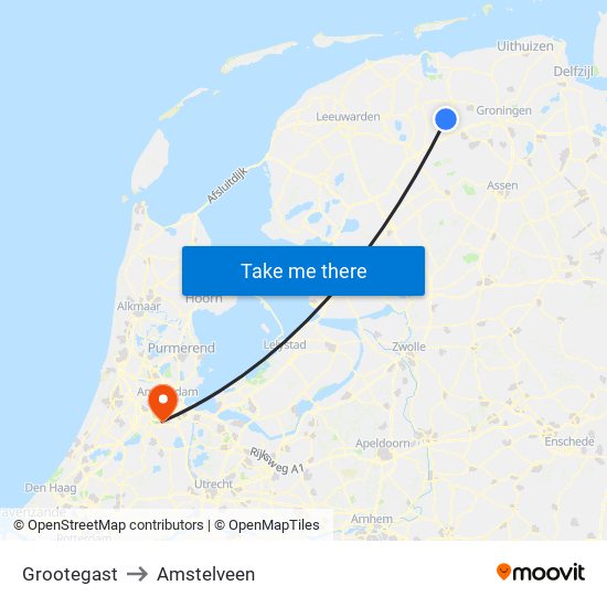 Grootegast to Amstelveen map