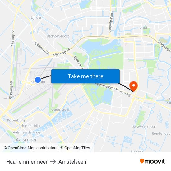 Haarlemmermeer to Amstelveen map
