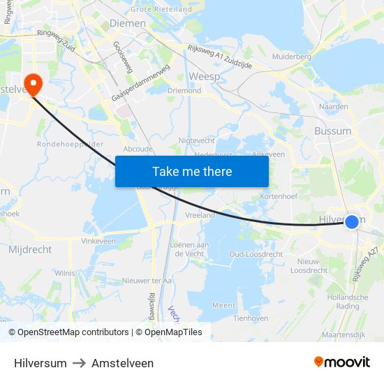 Hilversum to Amstelveen map