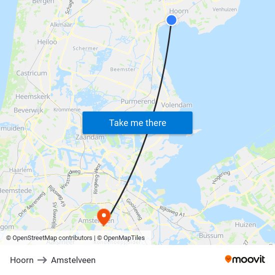 Hoorn to Amstelveen map