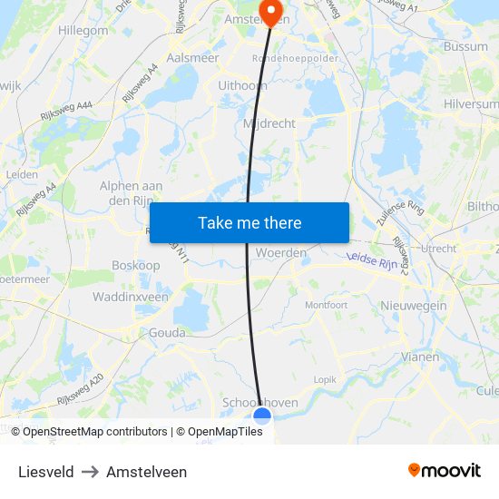 Liesveld to Amstelveen map