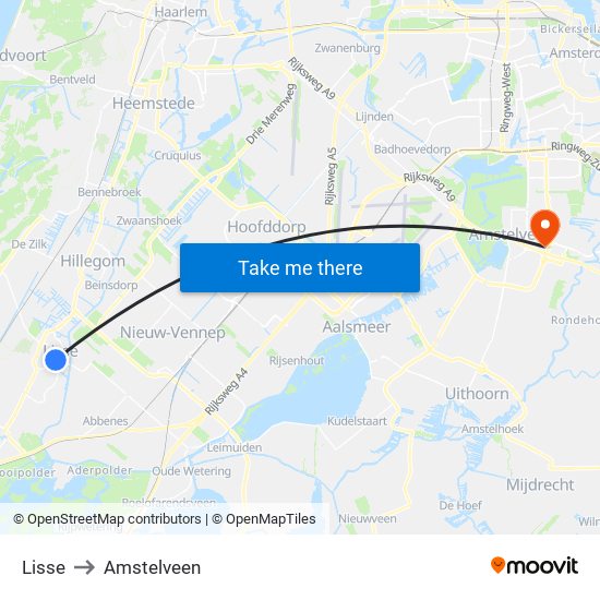 Lisse to Amstelveen map