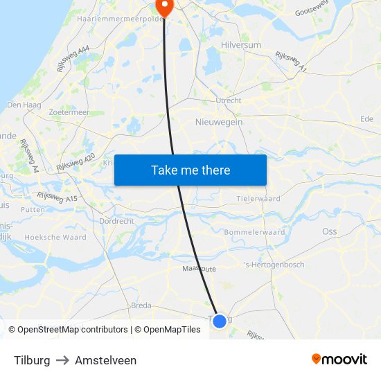 Tilburg to Amstelveen map