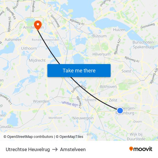 Utrechtse Heuvelrug to Amstelveen map