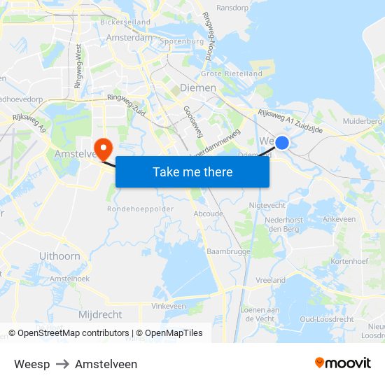 Weesp to Amstelveen map