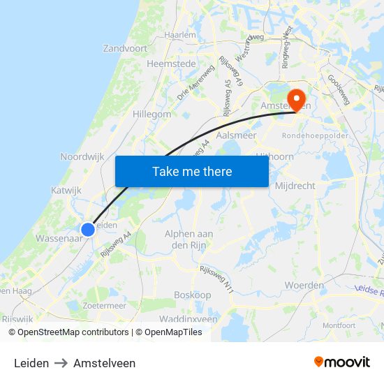 Leiden to Amstelveen map