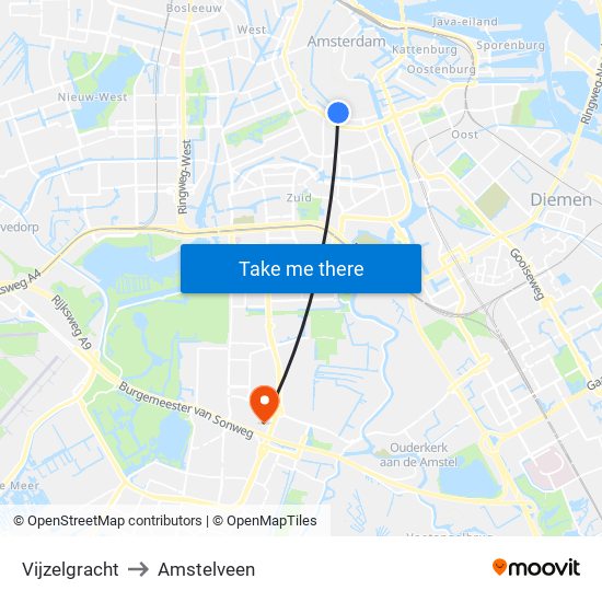 Vijzelgracht to Amstelveen map