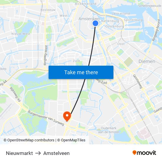 Nieuwmarkt to Amstelveen map