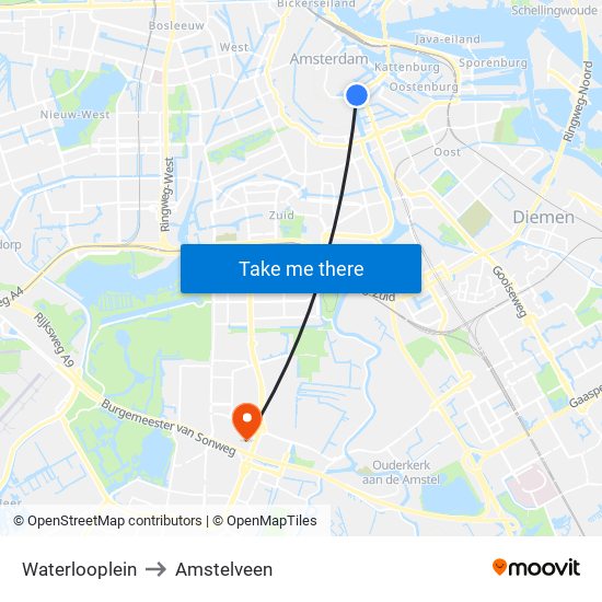 Waterlooplein to Amstelveen map